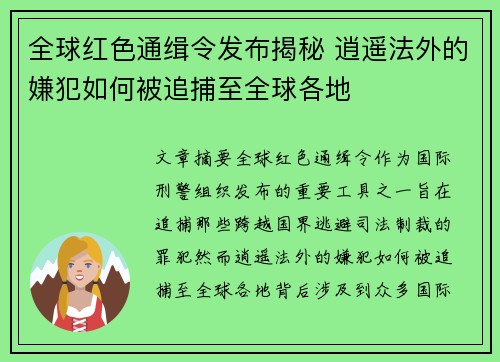 全球红色通缉令发布揭秘 逍遥法外的嫌犯如何被追捕至全球各地