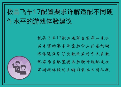 极品飞车17配置要求详解适配不同硬件水平的游戏体验建议